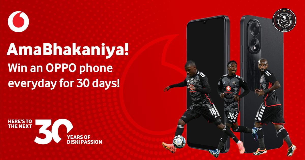 Enter and you could WIN 1 of 30 OPPO Smartphones daily with Vodacom, OPPO and Orlando Pirates!