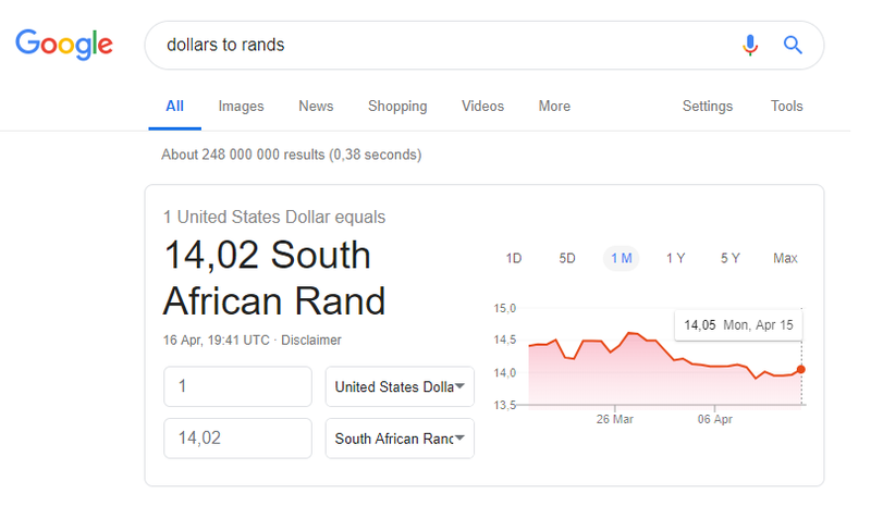 Convert from dollars to rands on Google Search