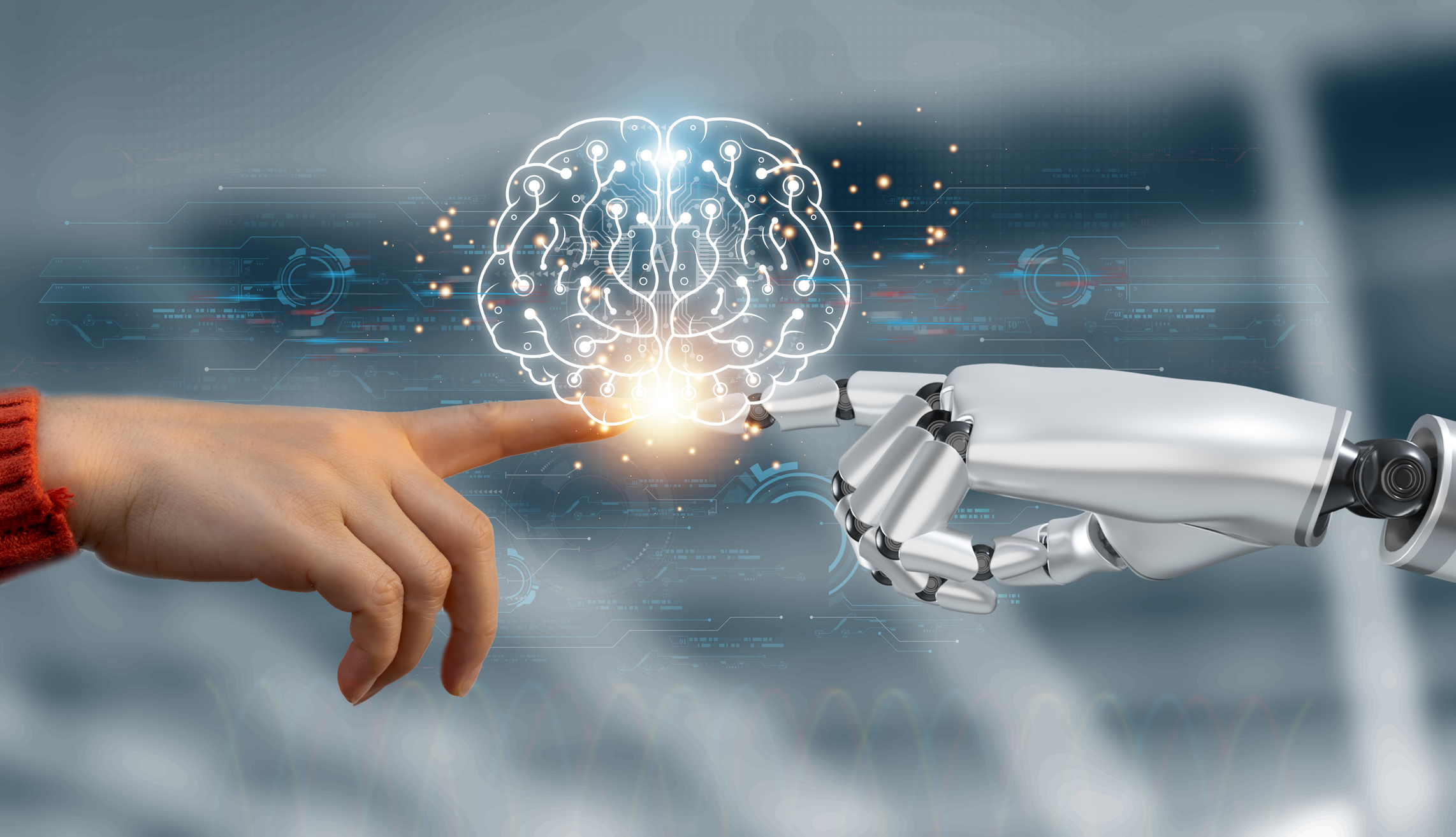 Concept of Artificial intelligence, AI robot, human, idea, development, think, futuristic technology transformation, science, robotic hand, connection with human hand and robot technology development